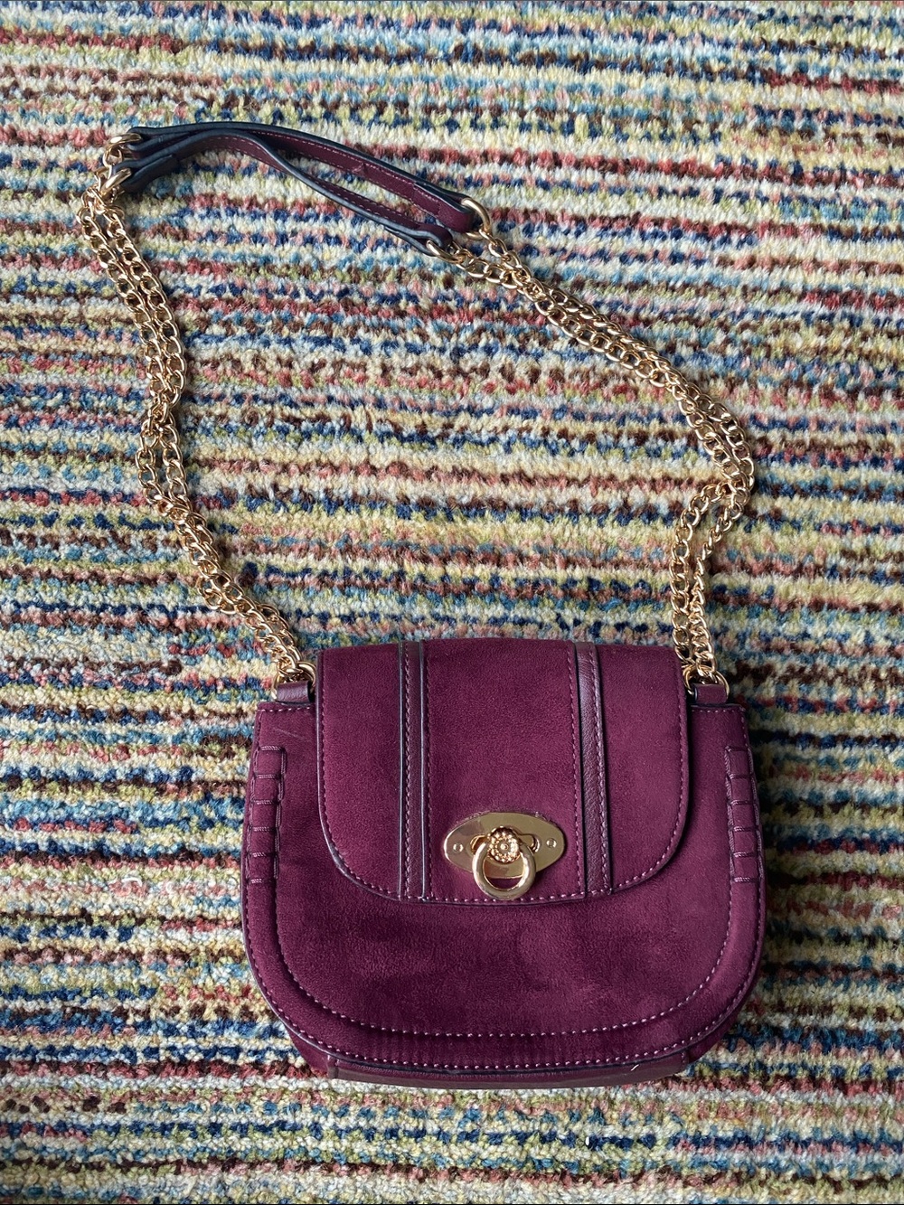 LC Lauren Conrad Plum Faux Suede Crossbody Saddle Bag Gold Chain